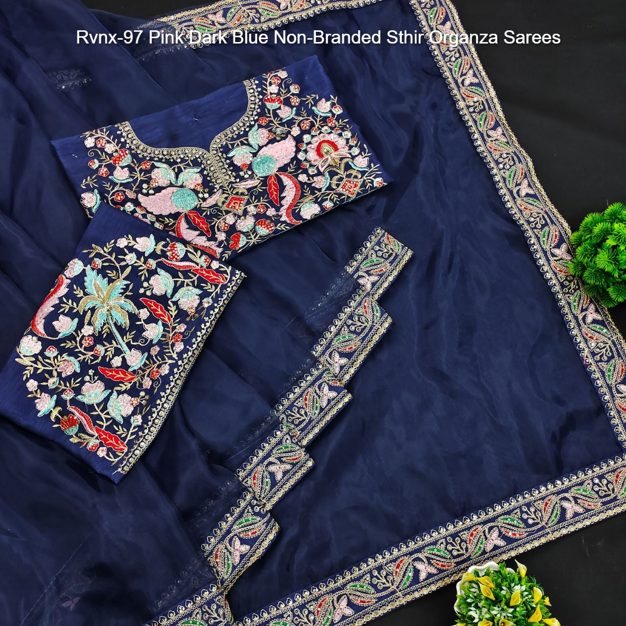 Rvnx-97 Pink Dark Blue Non-Branded Sthir Organza Sarees