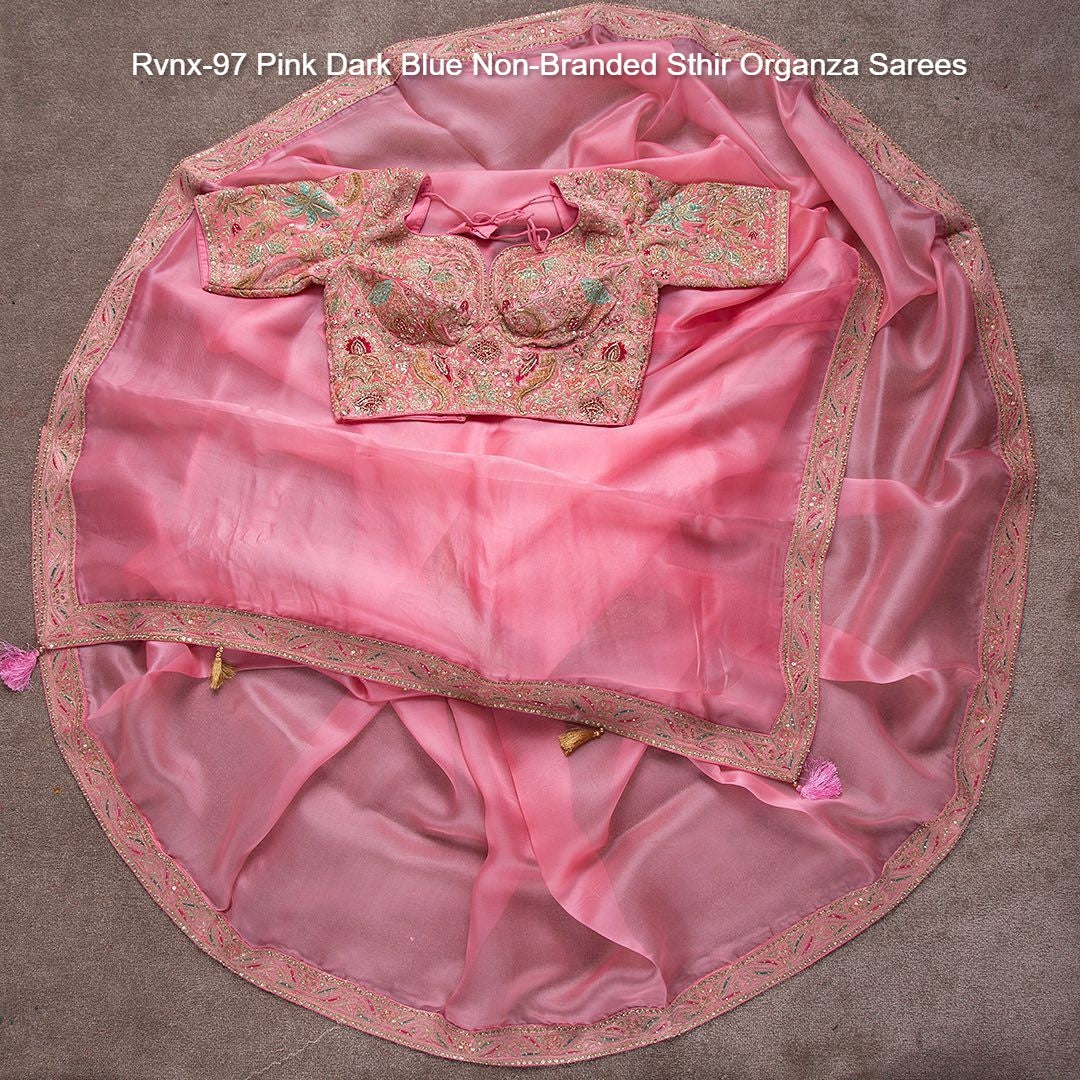 Rvnx-97 Pink Dark Blue Non-Branded Sthir Organza Sarees