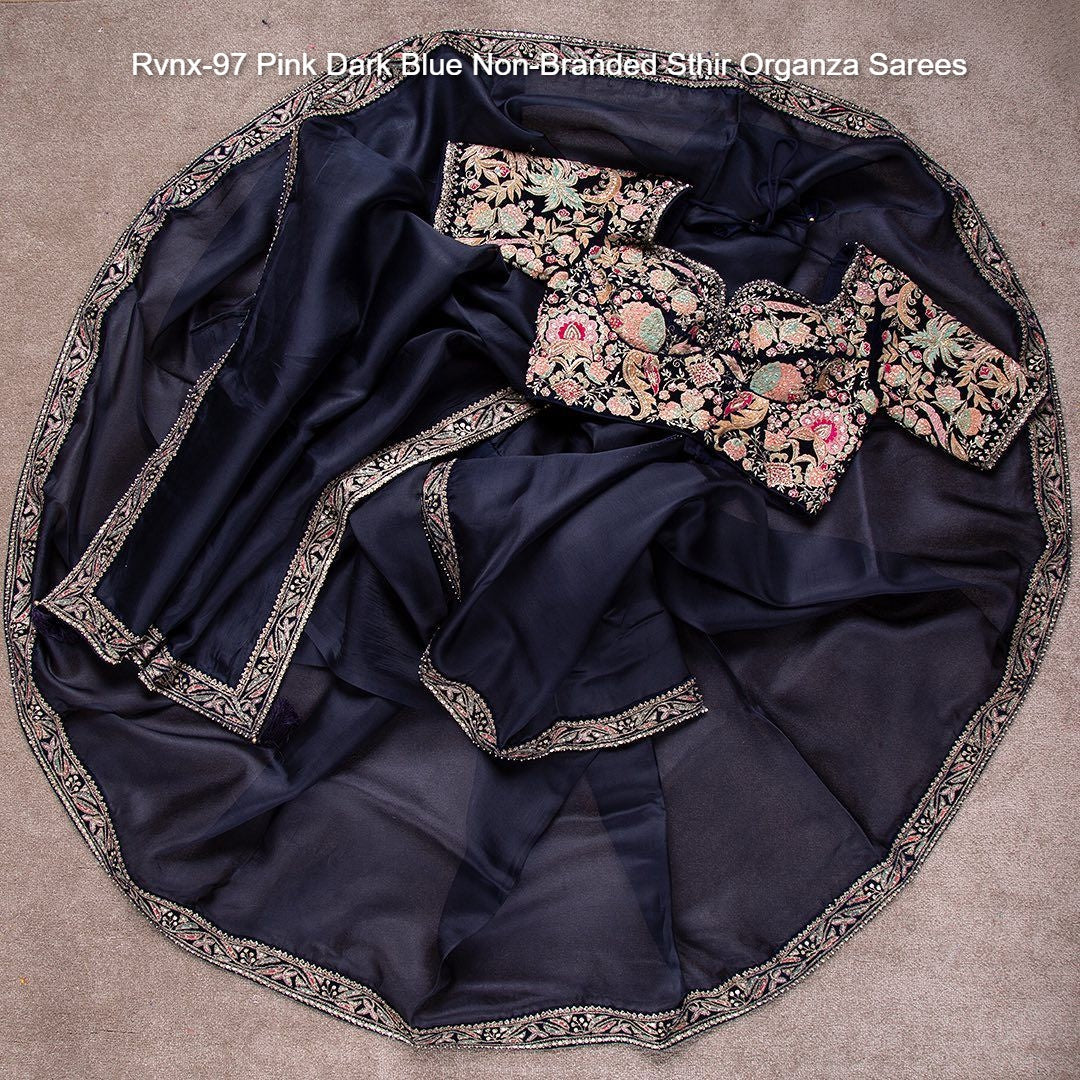 Rvnx-97 Pink Dark Blue Non-Branded Sthir Organza Sarees