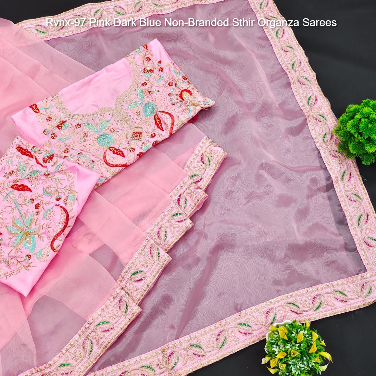 Rvnx-97 Pink Dark Blue Non-Branded Sthir Organza Sarees