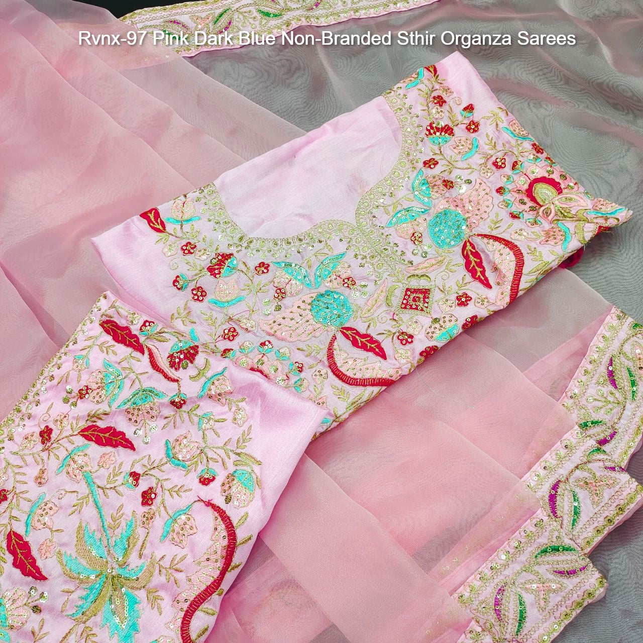 Rvnx-97 Pink Dark Blue Non-Branded Sthir Organza Sarees