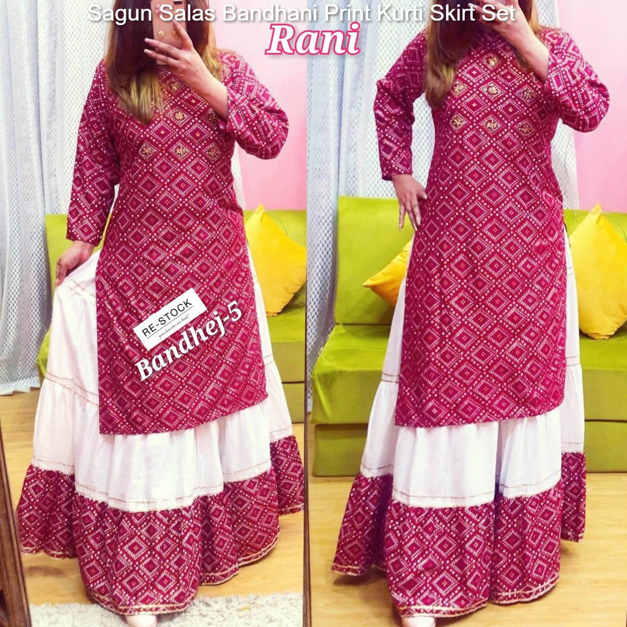Sagun Salas Bandhani Print Kurti Skirt Set