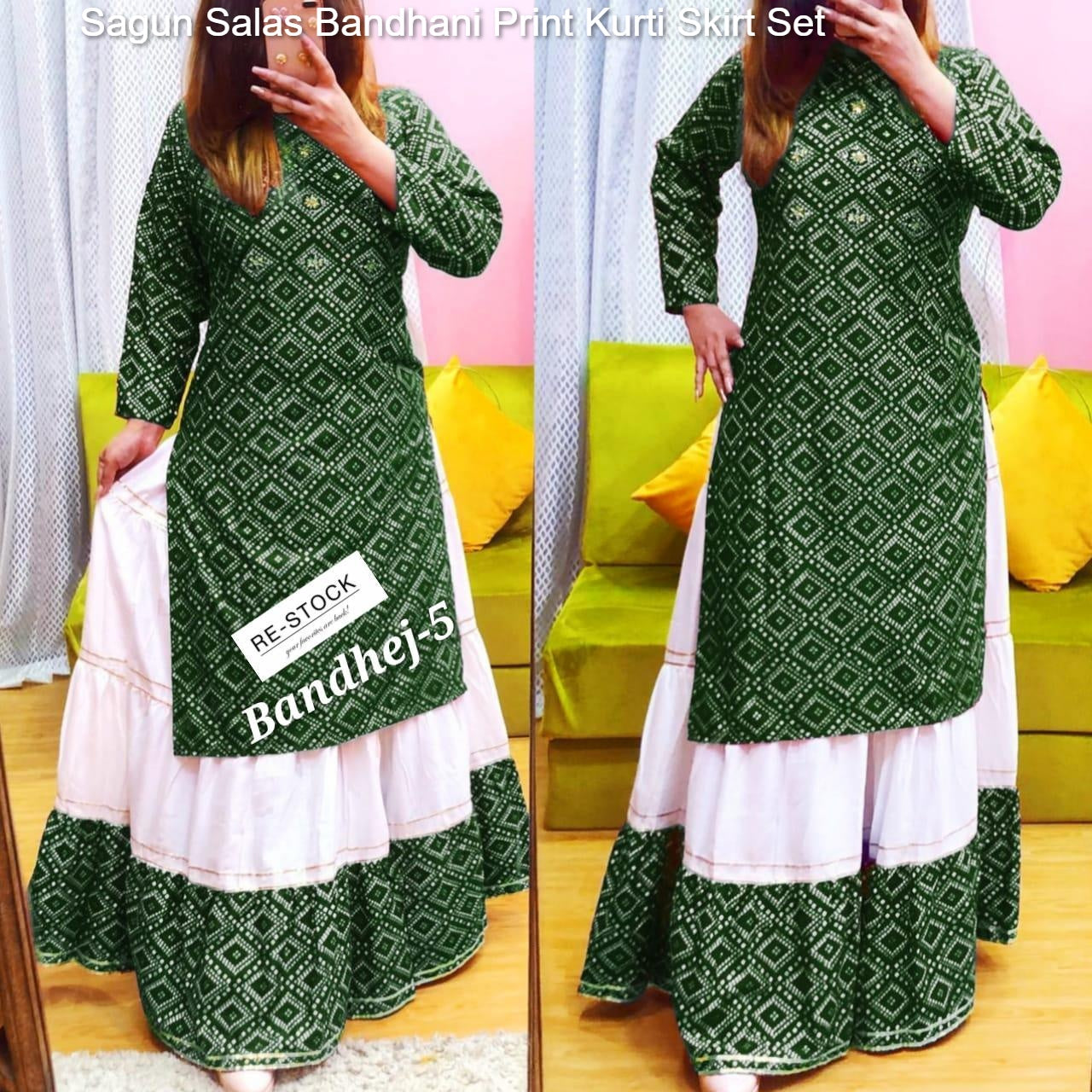 Sagun Salas Bandhani Print Kurti Skirt Set