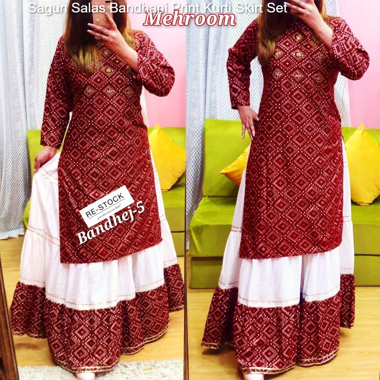 Sagun Salas Bandhani Print Kurti Skirt Set