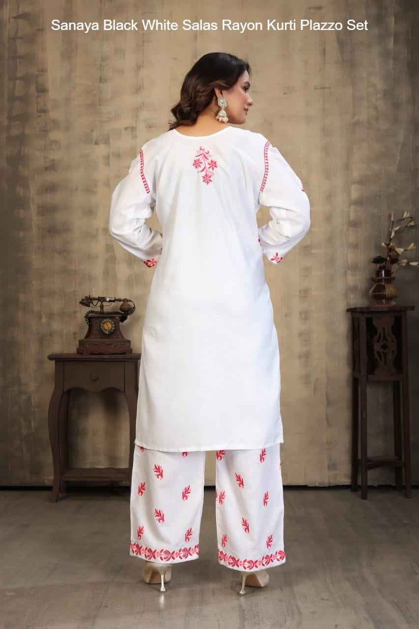 Sanaya Black White Salas Rayon Kurti Plazzo Set