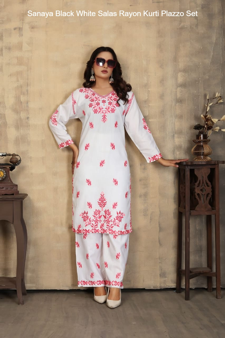 Sanaya Black White Salas Rayon Kurti Plazzo Set
