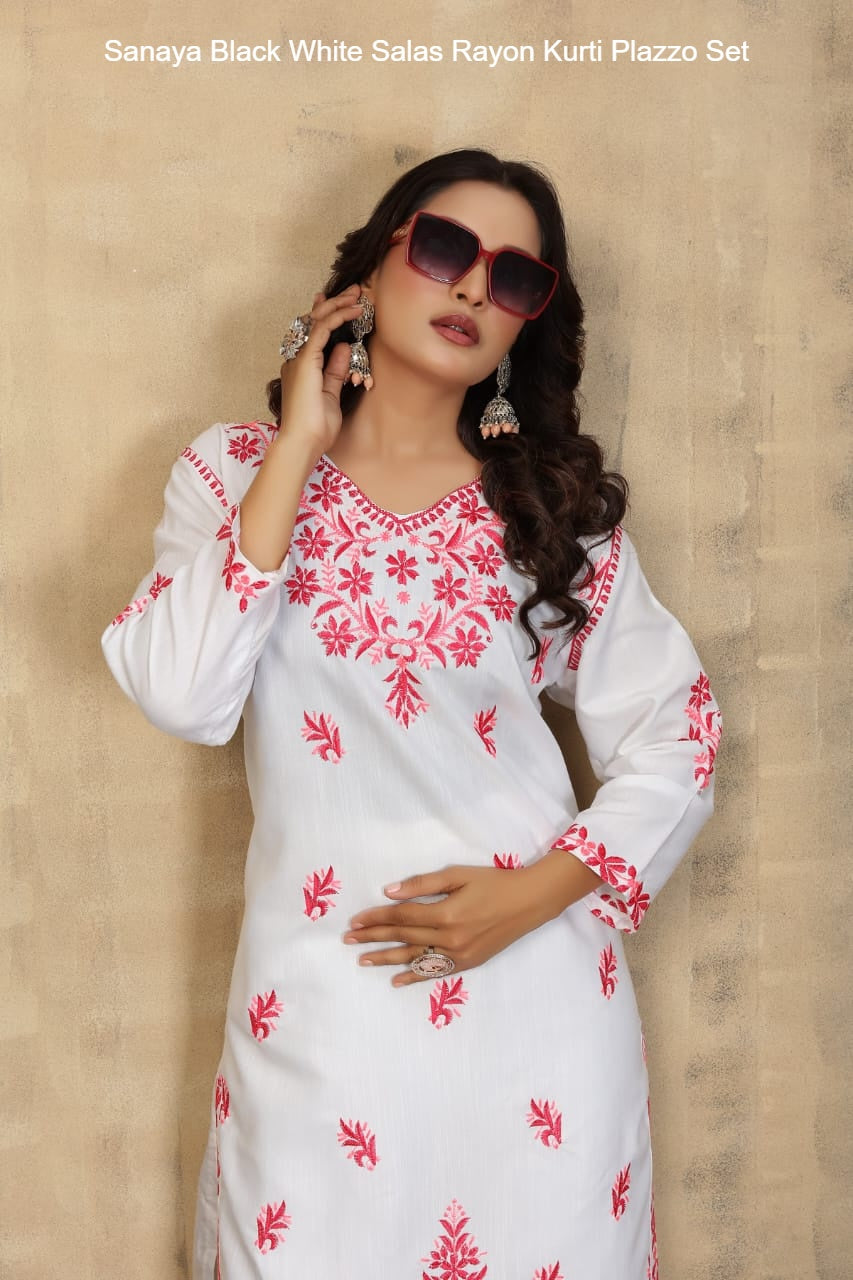 Sanaya Black White Salas Rayon Kurti Plazzo Set