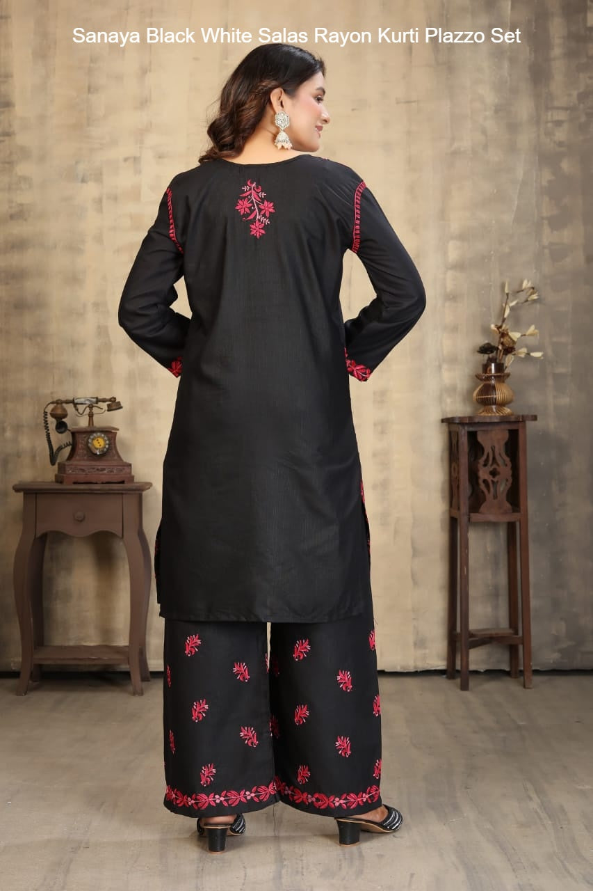 Sanaya Black White Salas Rayon Kurti Plazzo Set