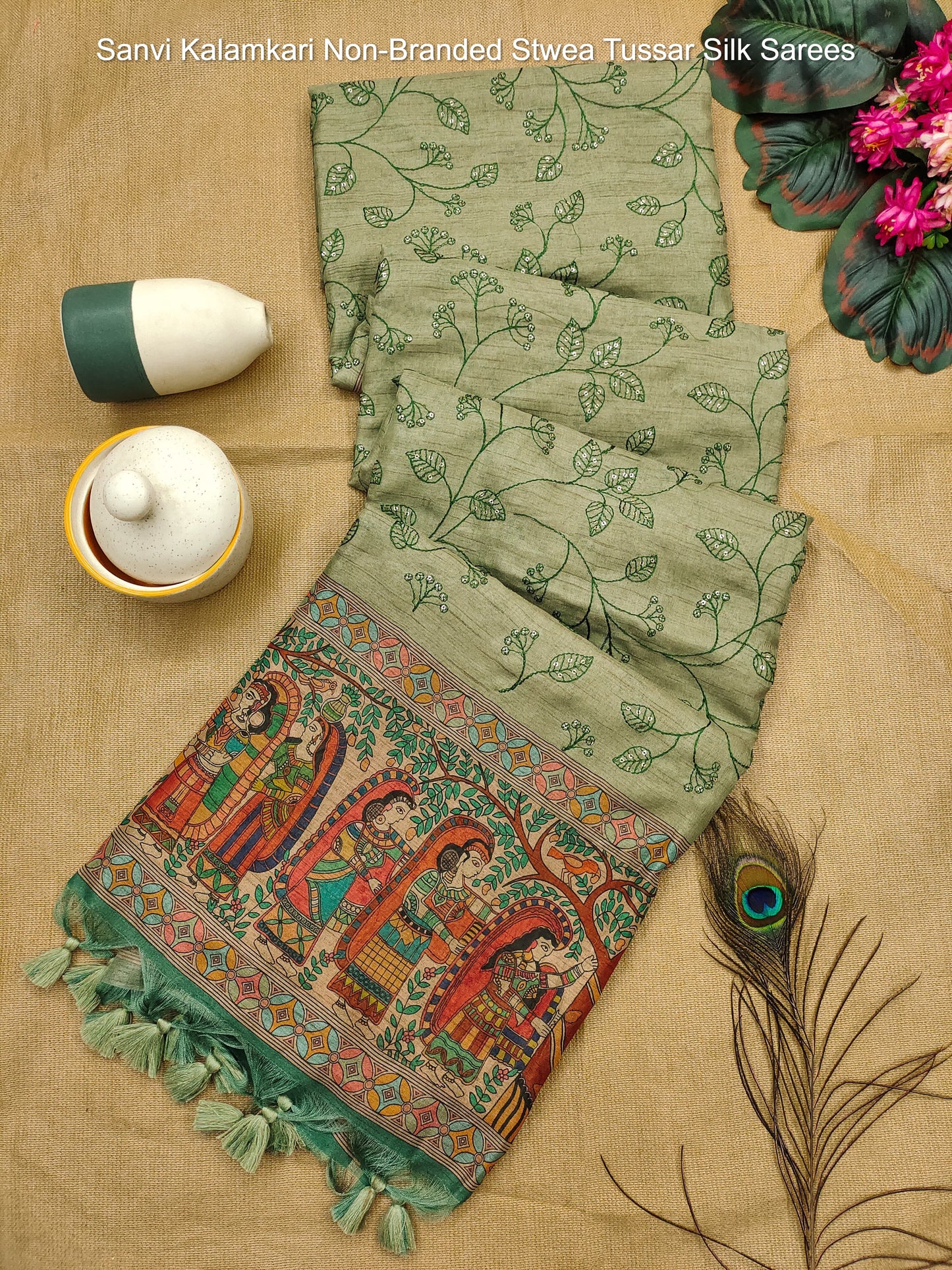 Sanvi Kalamkari Non-Branded Stwea Tussar Silk Sarees