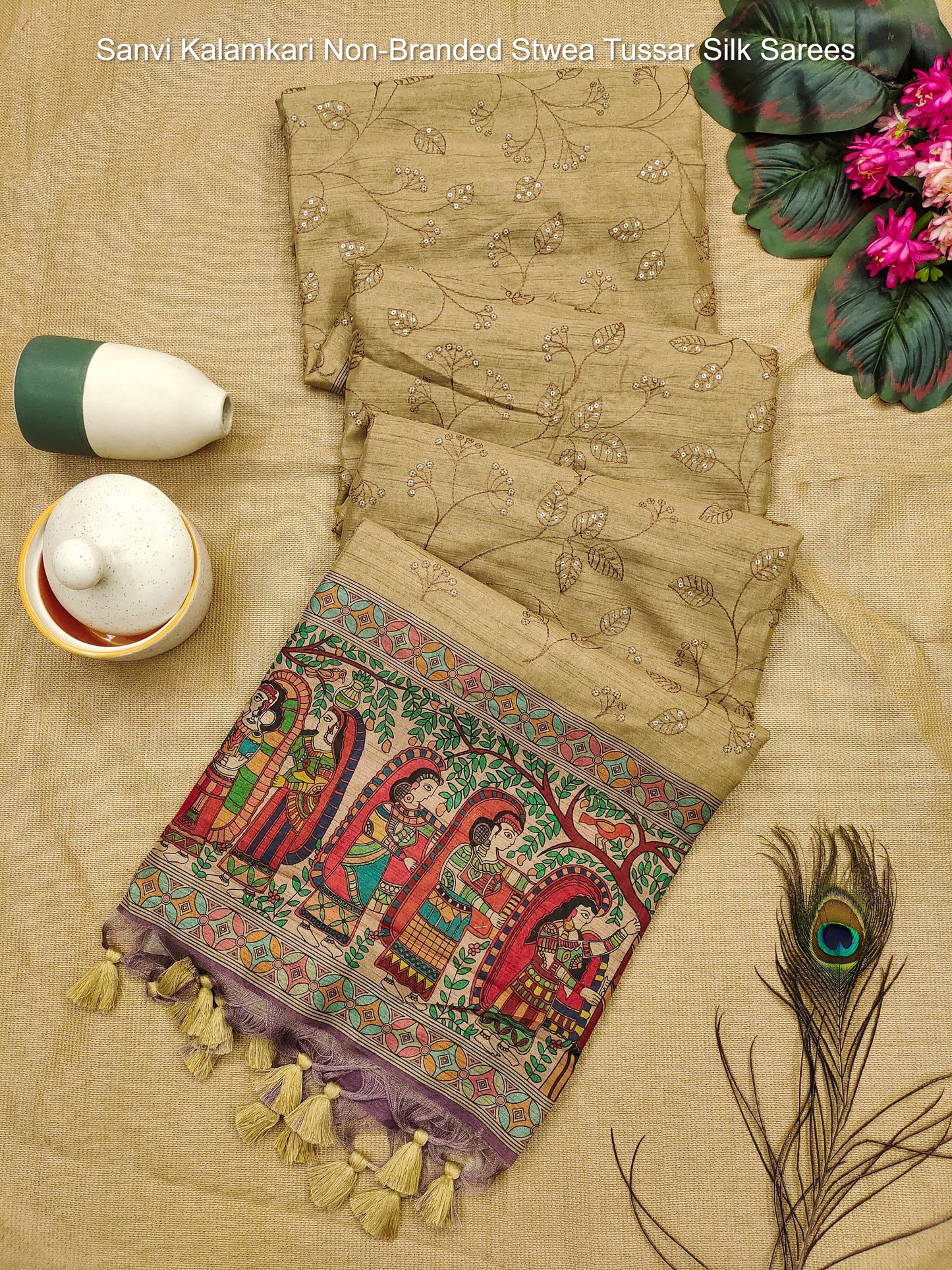 Sanvi Kalamkari Non-Branded Stwea Tussar Silk Sarees