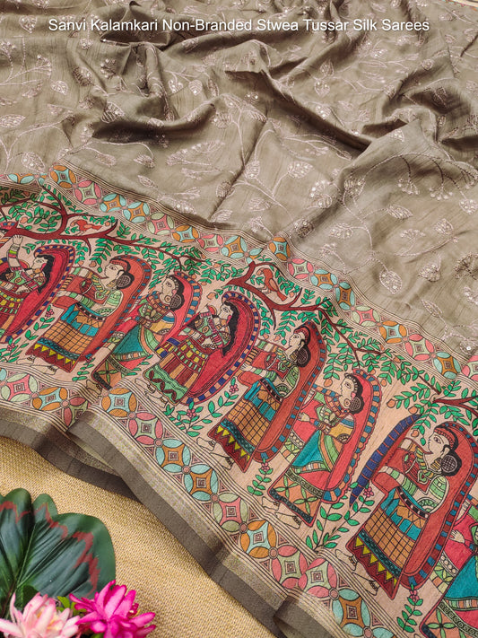 Sanvi Kalamkari Non-Branded Stwea Tussar Silk Sarees