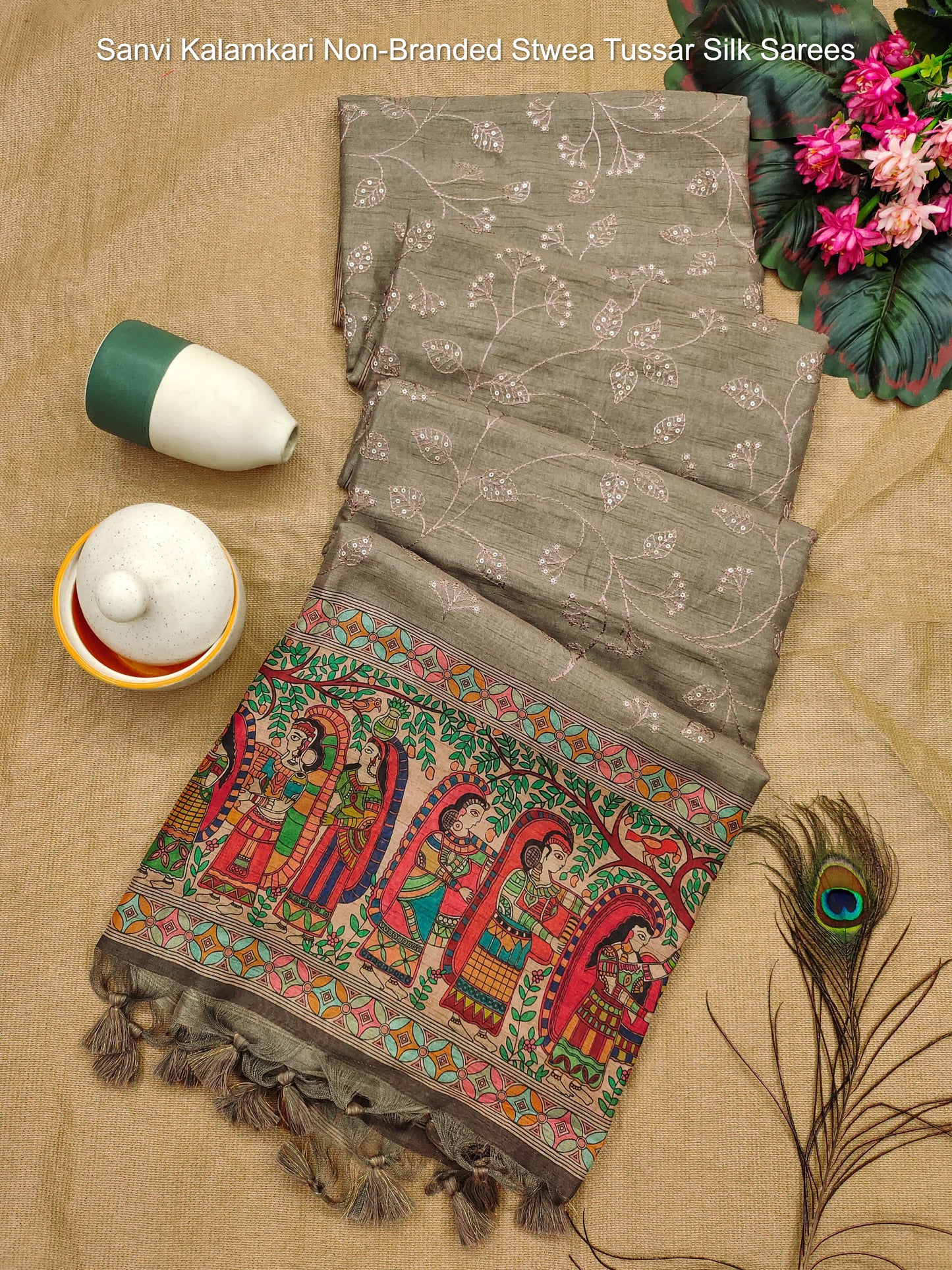 Sanvi Kalamkari Non-Branded Stwea Tussar Silk Sarees
