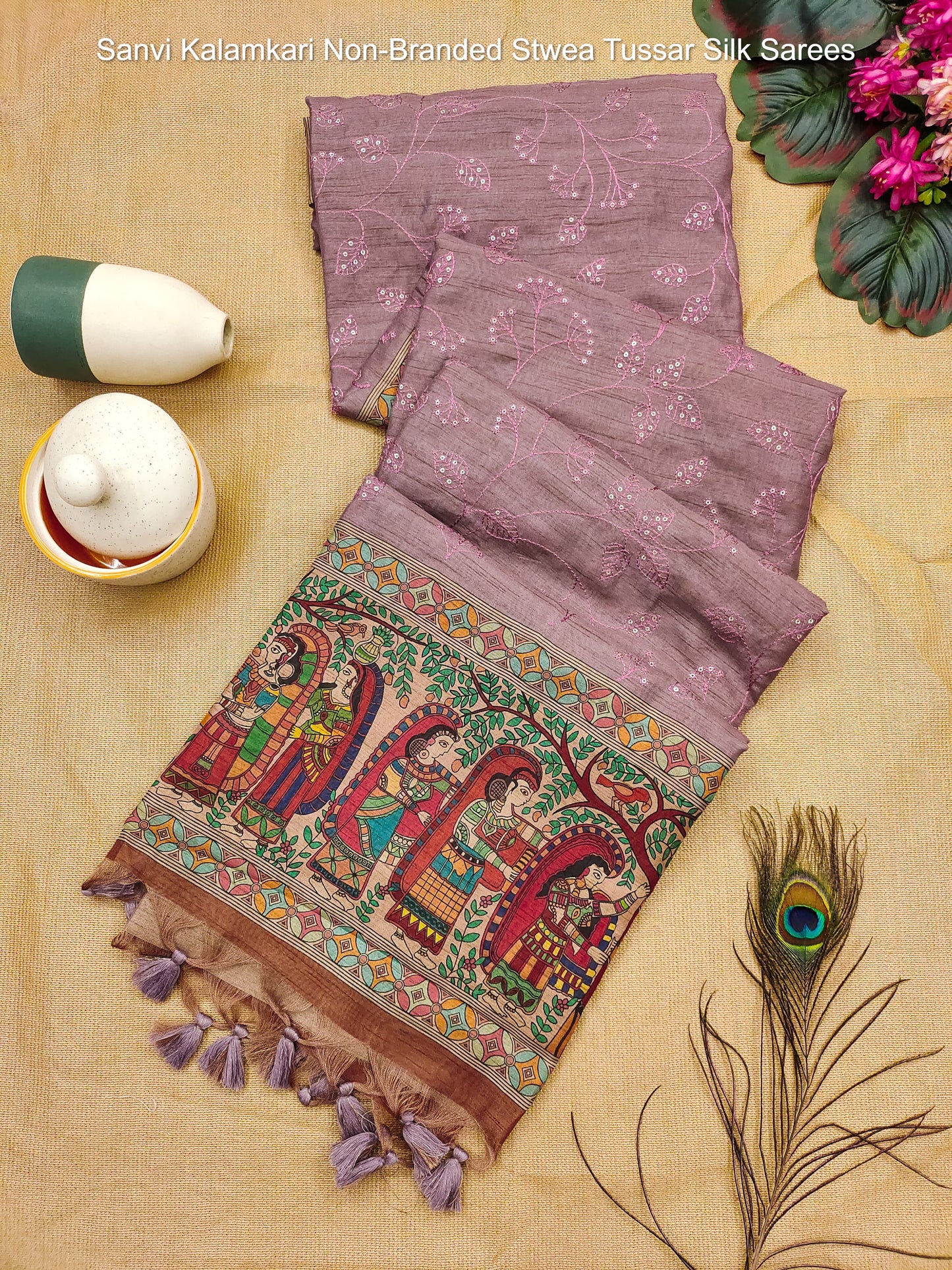 Sanvi Kalamkari Non-Branded Stwea Tussar Silk Sarees