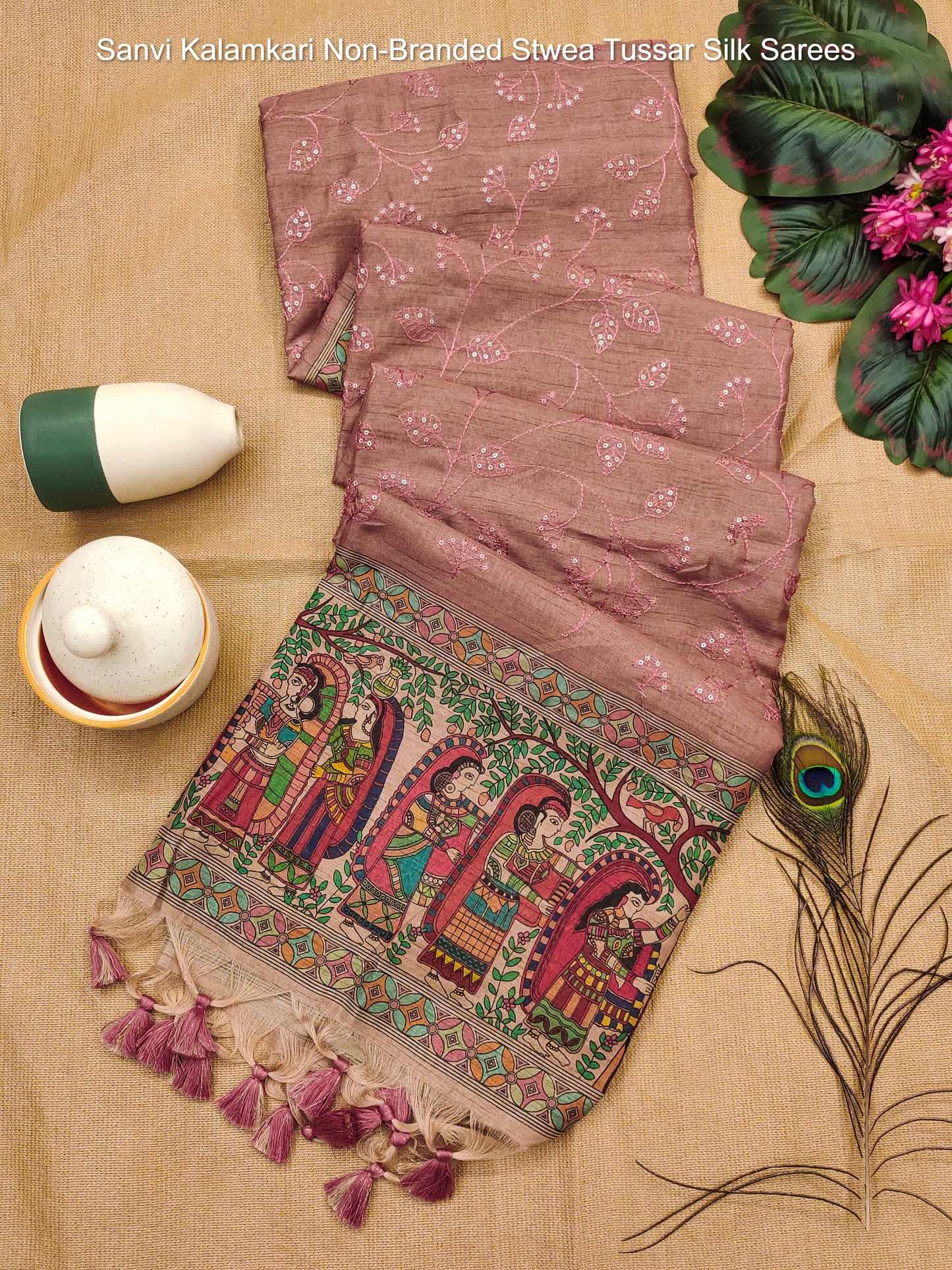 Sanvi Kalamkari Non-Branded Stwea Tussar Silk Sarees