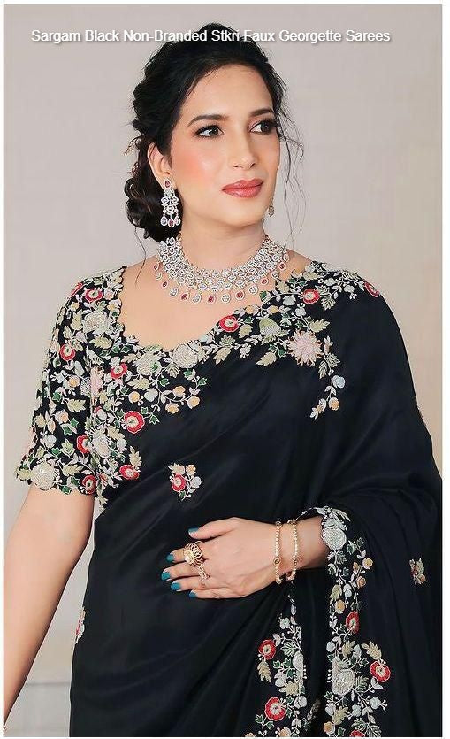 Sargam Black Non-Branded Stkri Faux Georgette Sarees
