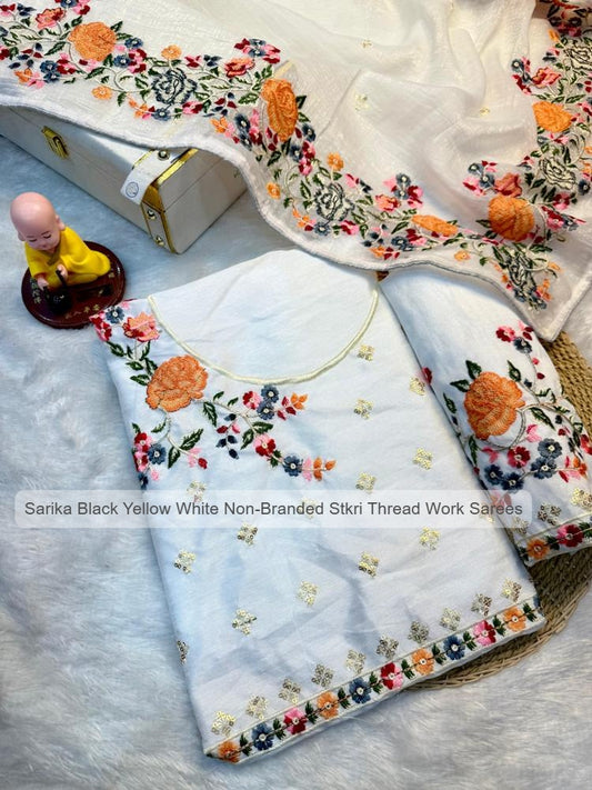 Sarika Black Yellow White Non-Branded Stkri Thread Work Sarees
