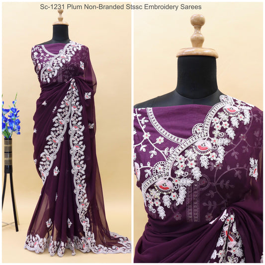 Sc-1231 Plum Non-Branded Stssc Embroidery Sarees