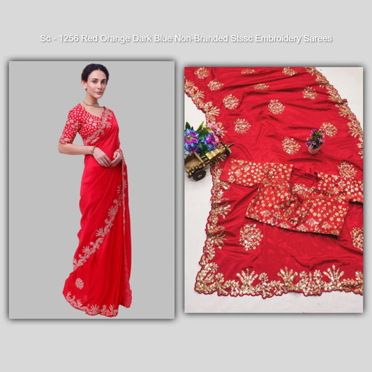Sc - 1256 Red Orange Dark Blue Non-Branded Stssc Embroidery Sarees