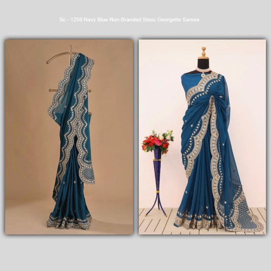 Sc - 1259 Navy Blue Non-Branded Stssc Georgette Sarees