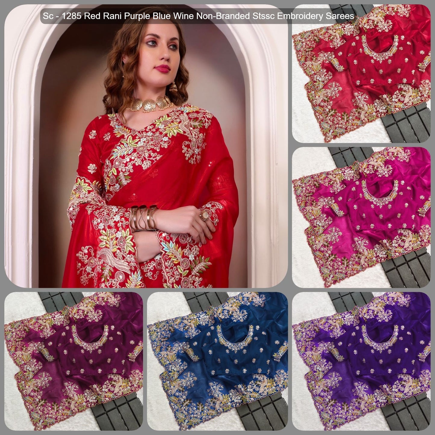 Sc - 1285 Red Rani Purple Blue Wine Non-Branded Stssc Embroidery Sarees