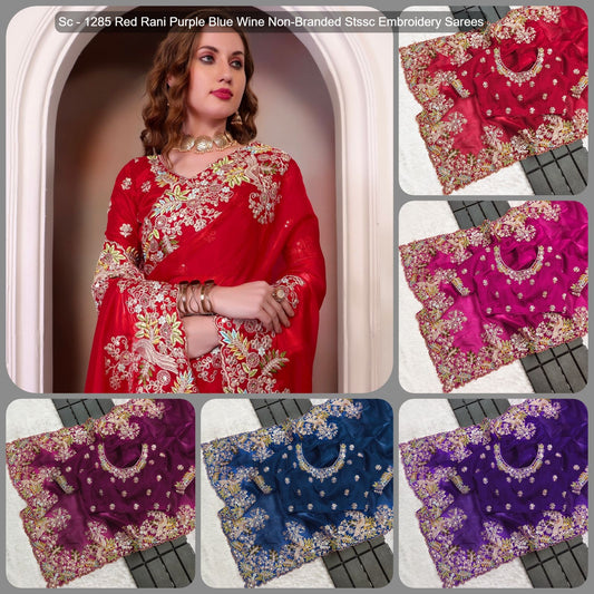 Sc - 1285 Red Rani Purple Blue Wine Non-Branded Stssc Embroidery Sarees