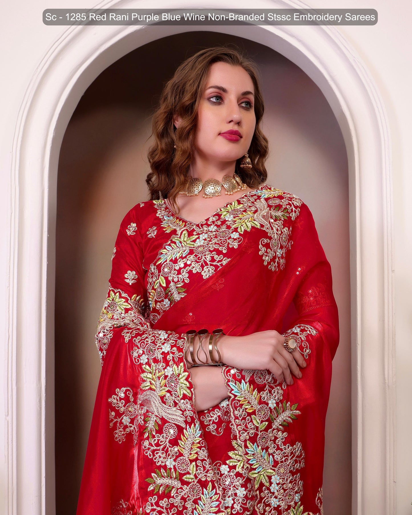 Sc - 1285 Red Rani Purple Blue Wine Non-Branded Stssc Embroidery Sarees