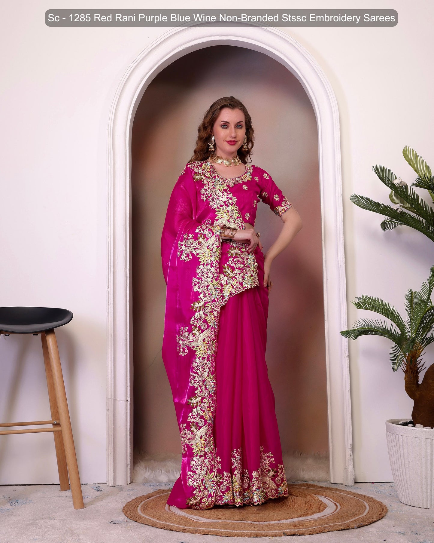 Sc - 1285 Red Rani Purple Blue Wine Non-Branded Stssc Embroidery Sarees
