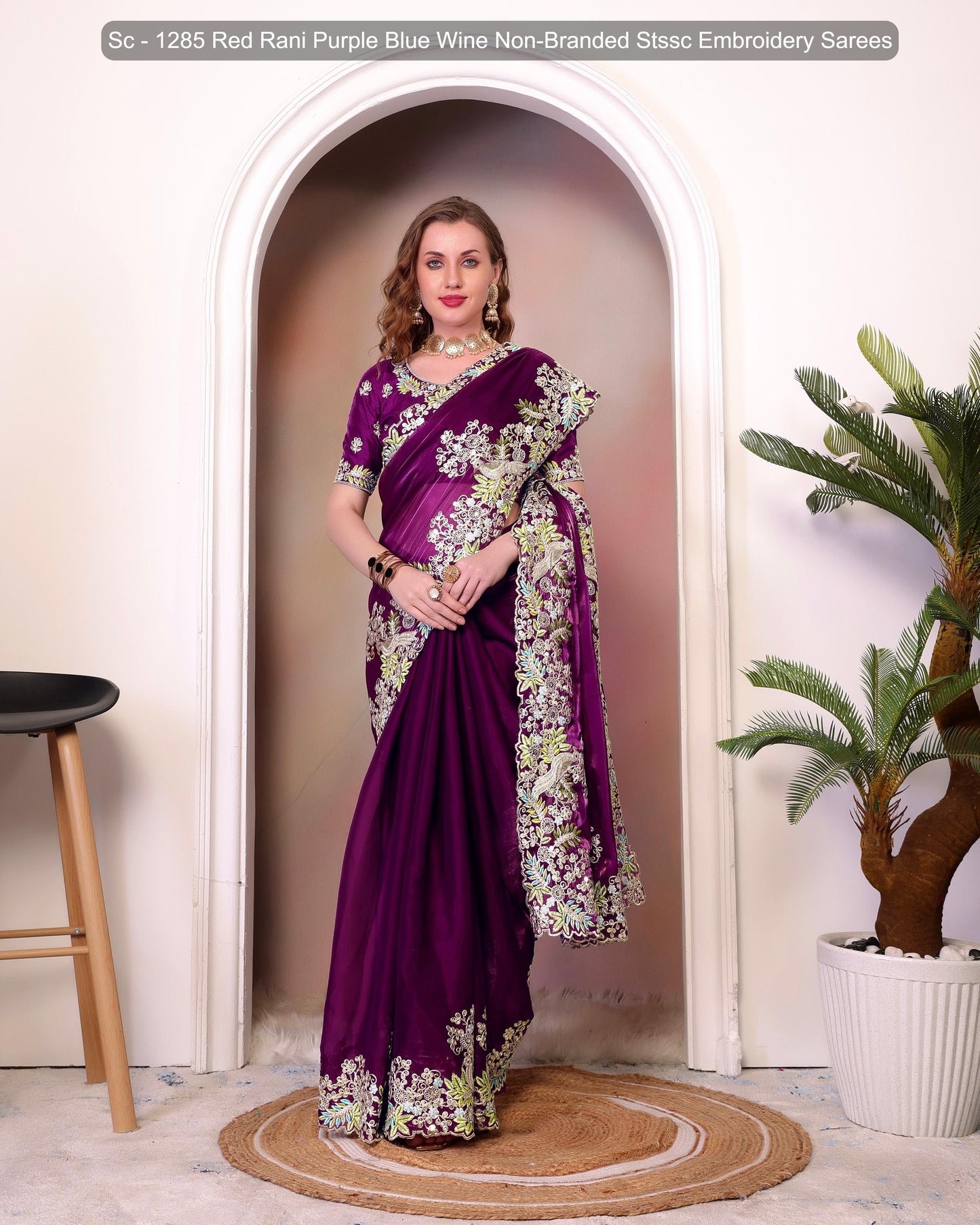 Sc - 1285 Red Rani Purple Blue Wine Non-Branded Stssc Embroidery Sarees