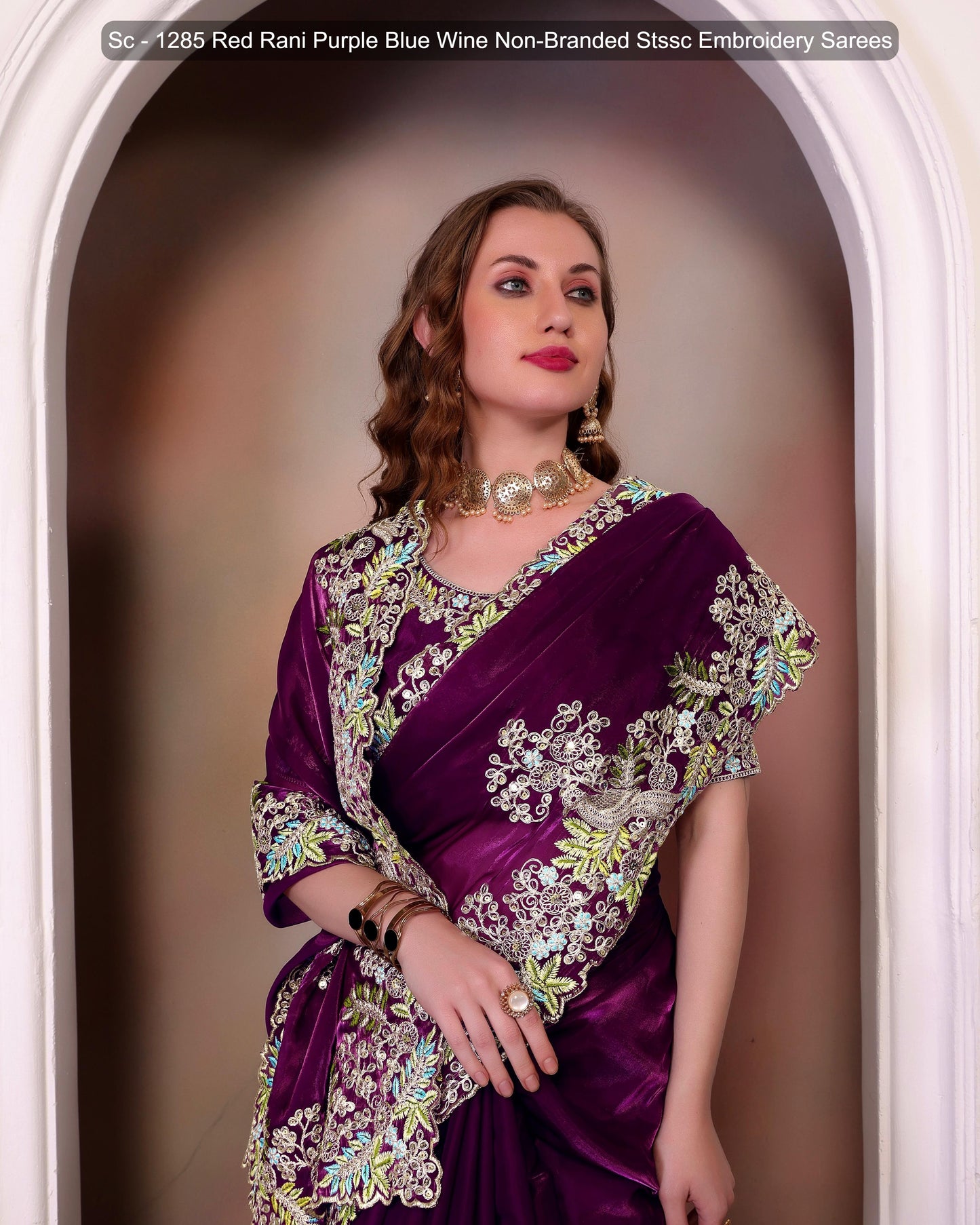 Sc - 1285 Red Rani Purple Blue Wine Non-Branded Stssc Embroidery Sarees