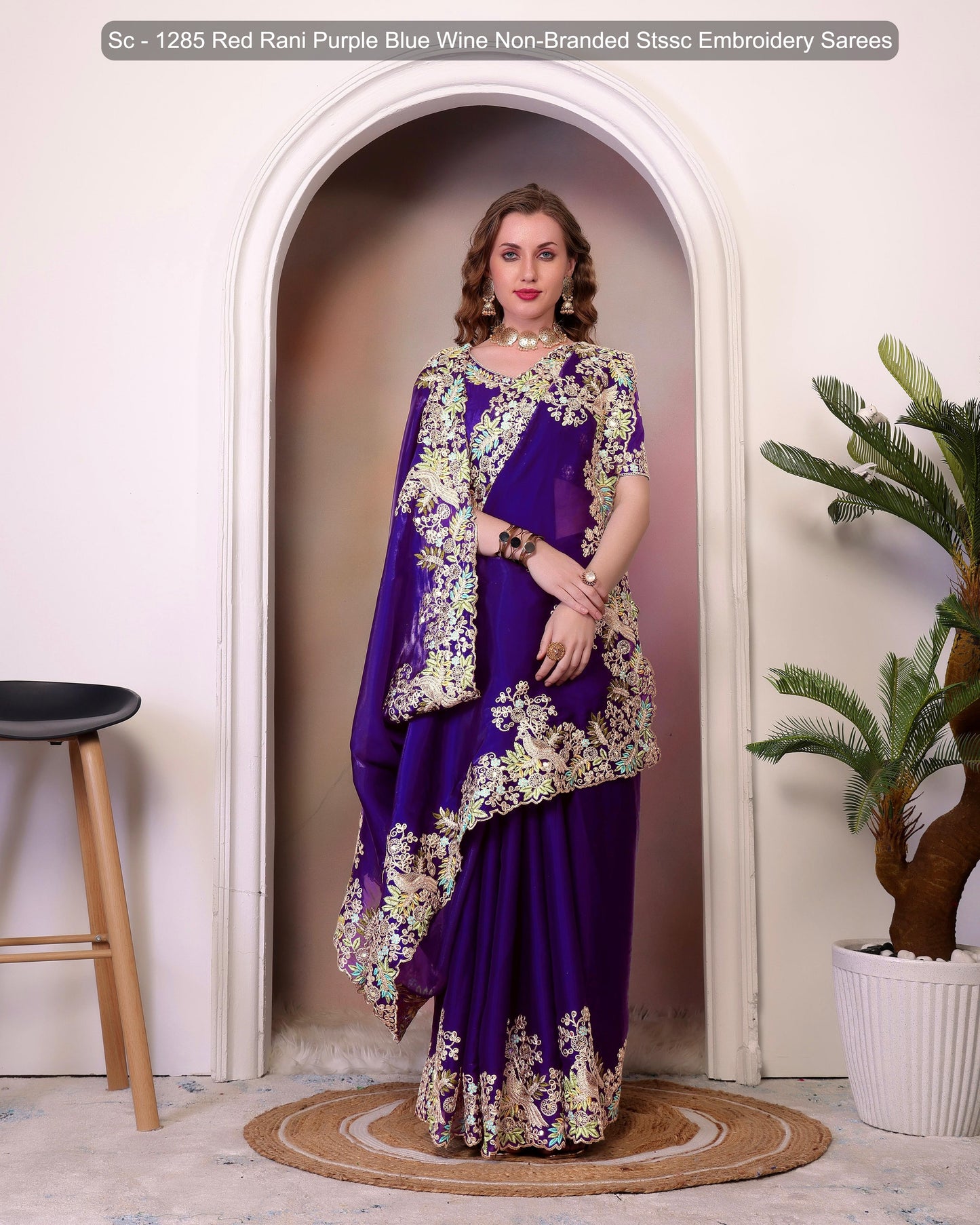 Sc - 1285 Red Rani Purple Blue Wine Non-Branded Stssc Embroidery Sarees