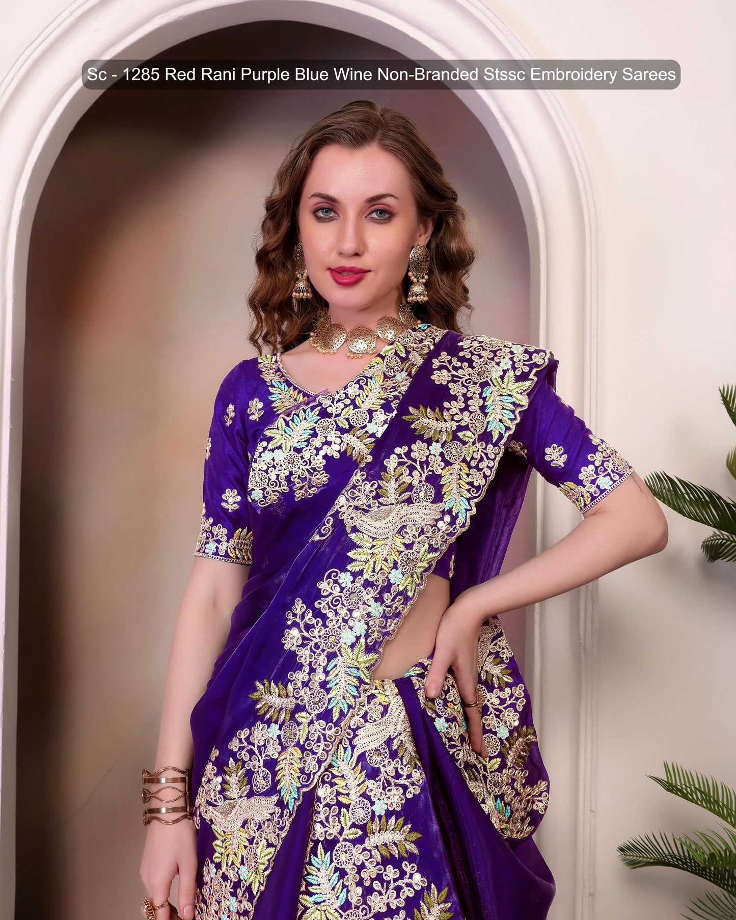 Sc - 1285 Red Rani Purple Blue Wine Non-Branded Stssc Embroidery Sarees
