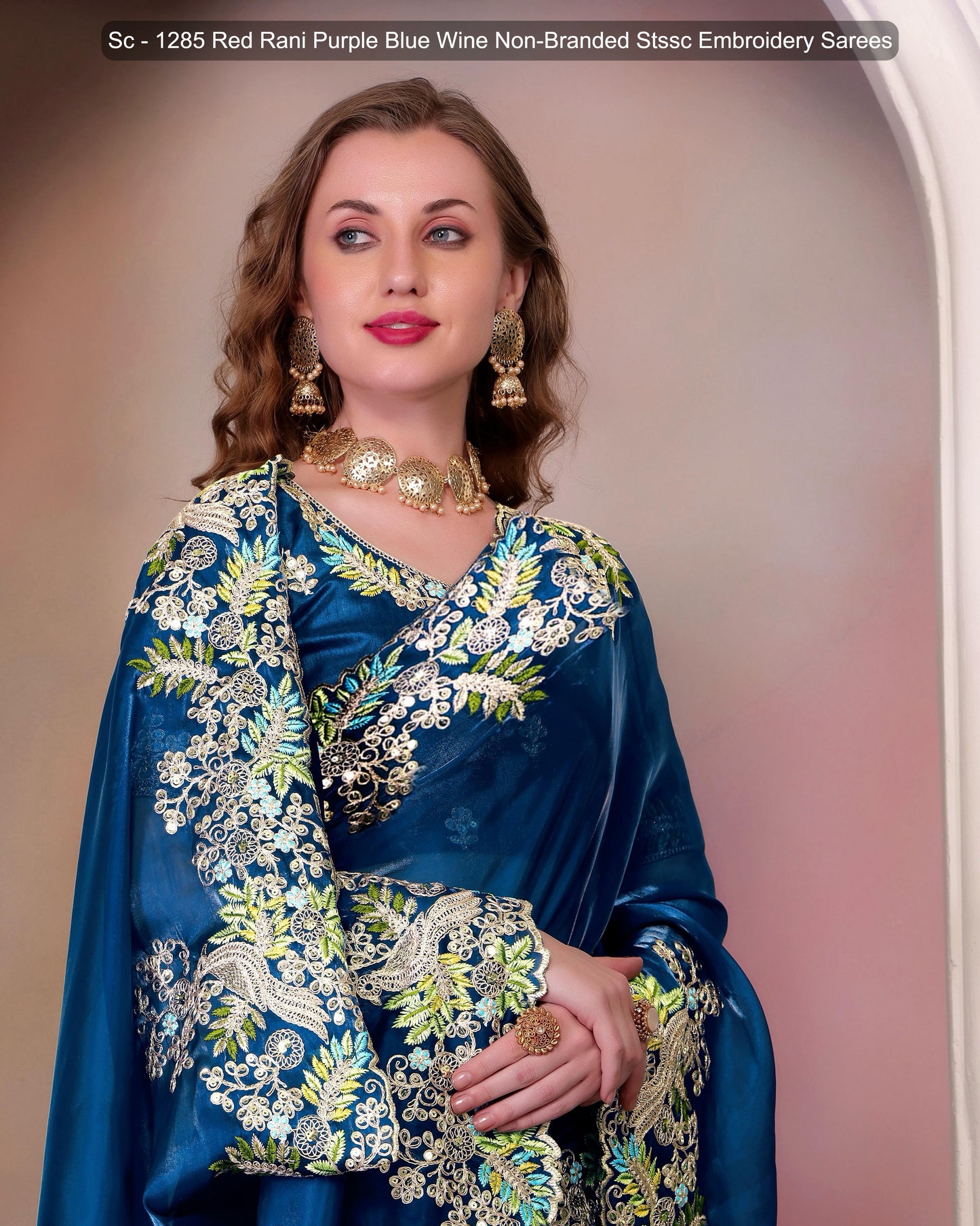 Sc - 1285 Red Rani Purple Blue Wine Non-Branded Stssc Embroidery Sarees