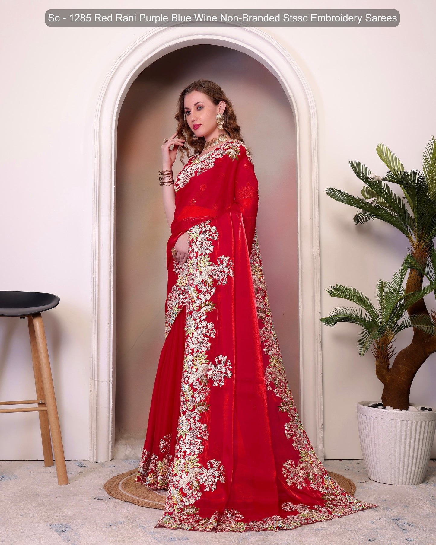 Sc - 1285 Red Rani Purple Blue Wine Non-Branded Stssc Embroidery Sarees
