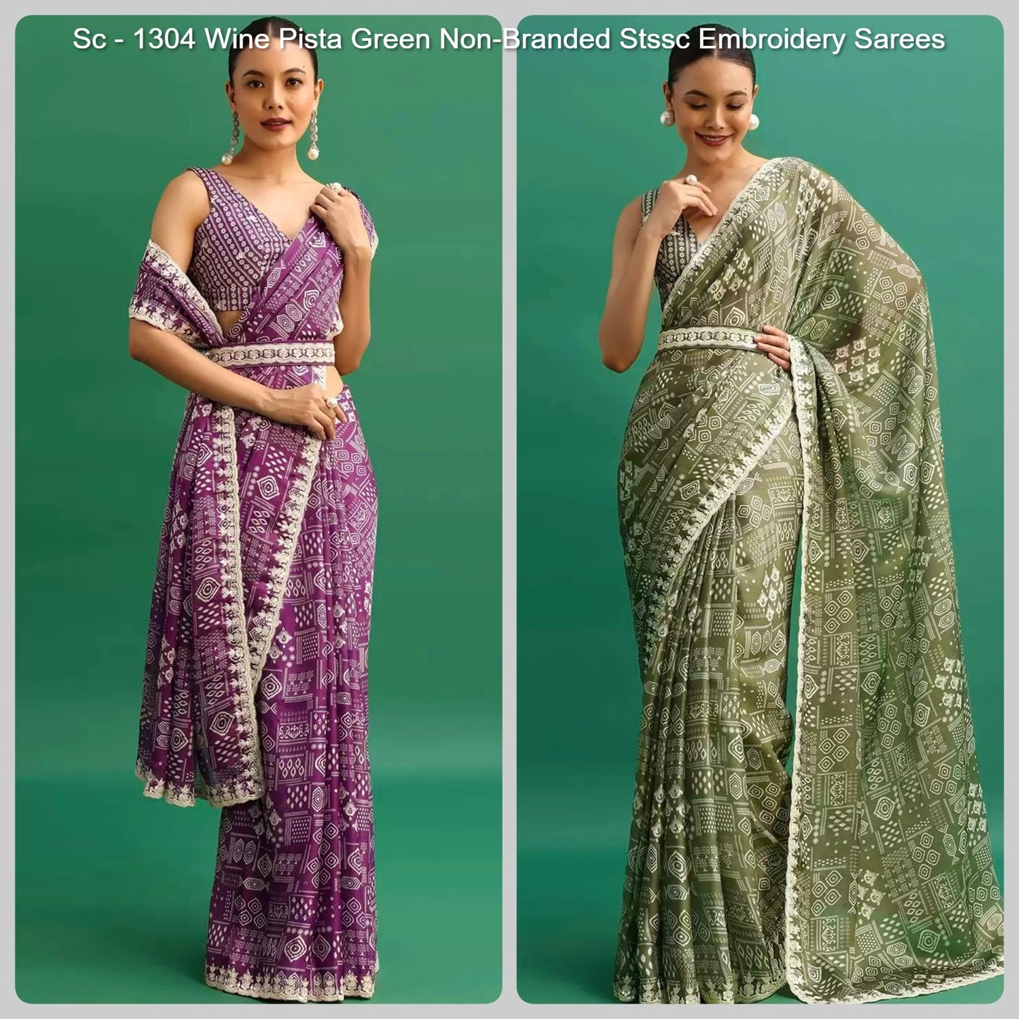 Sc - 1304 Wine Pista Green Non-Branded Stssc Embroidery Sarees