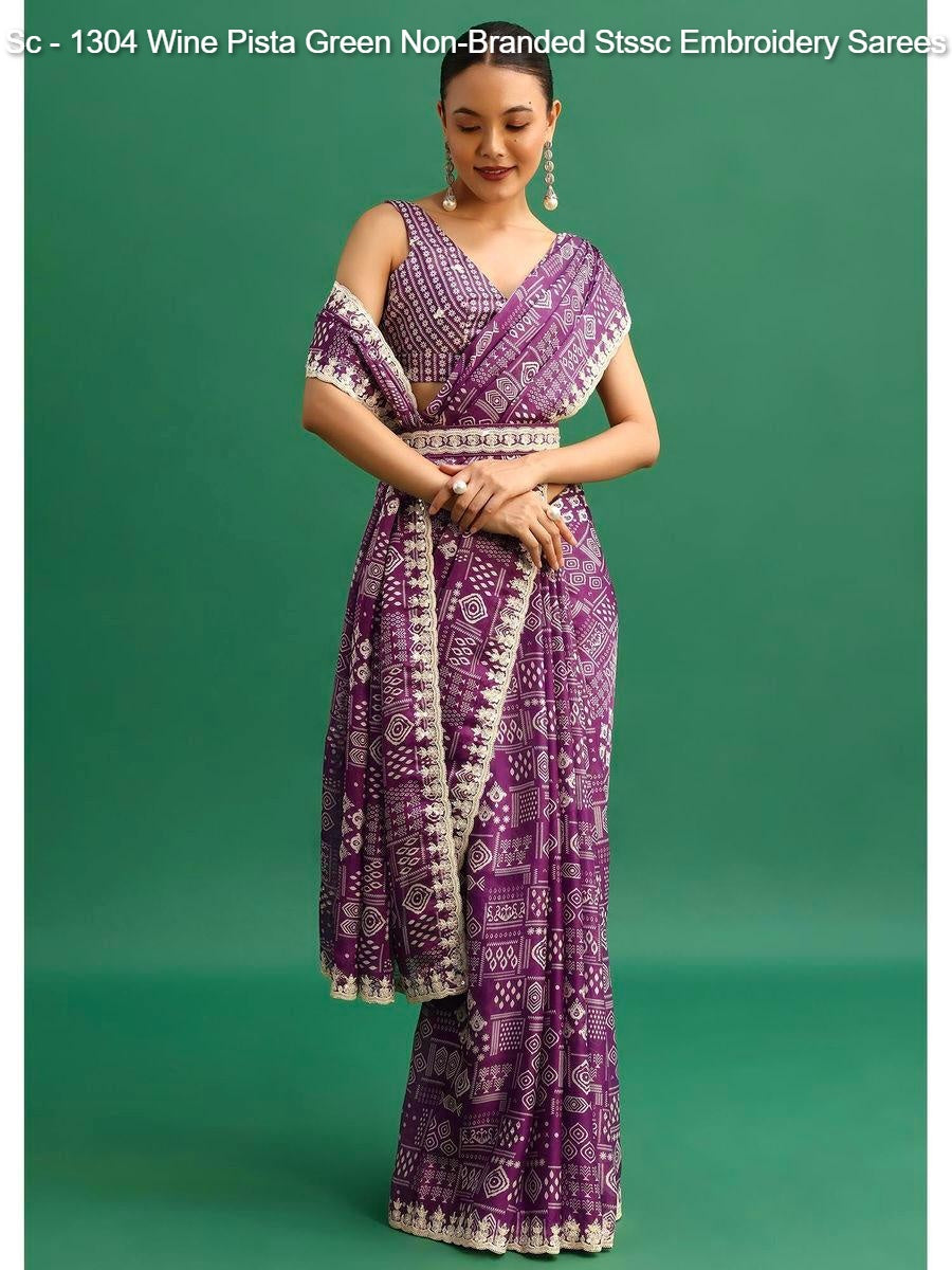 Sc - 1304 Wine Pista Green Non-Branded Stssc Embroidery Sarees