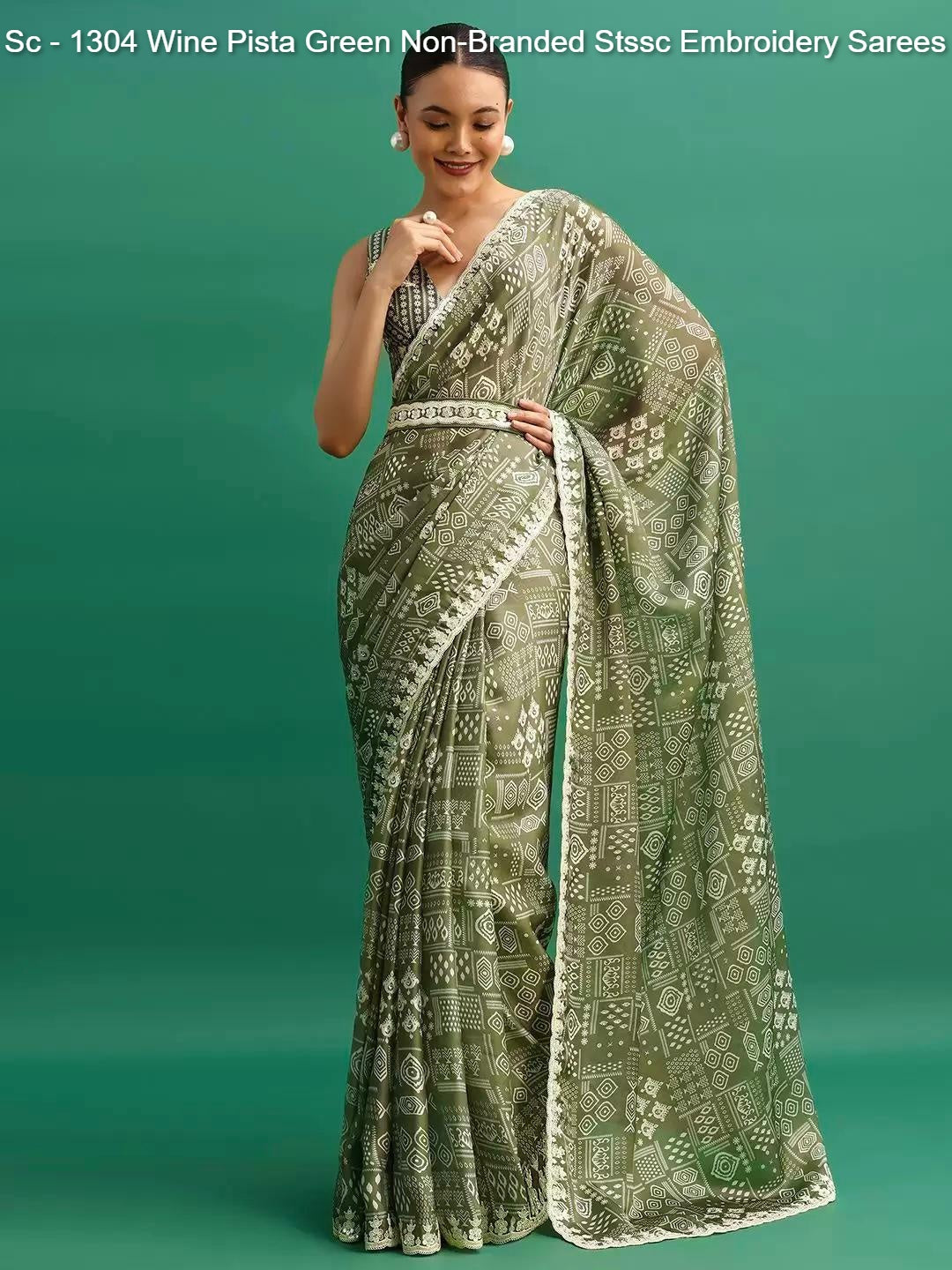 Sc - 1304 Wine Pista Green Non-Branded Stssc Embroidery Sarees