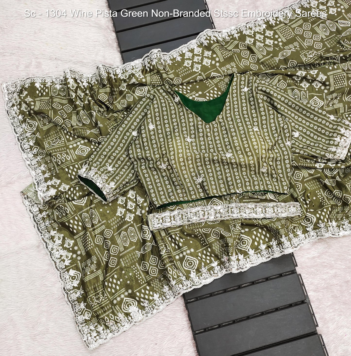 Sc - 1304 Wine Pista Green Non-Branded Stssc Embroidery Sarees