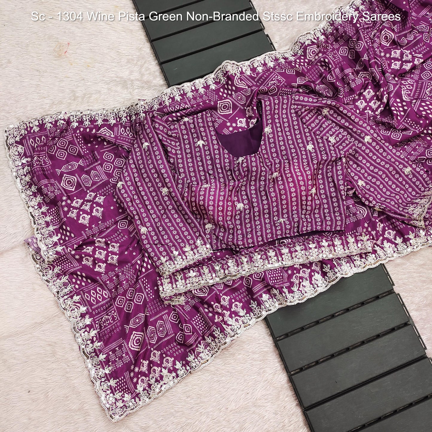 Sc - 1304 Wine Pista Green Non-Branded Stssc Embroidery Sarees