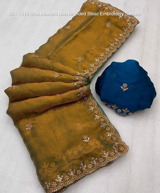 Sc - 1310 Blue Mustard Non-Branded Stssc Embroidery Sarees