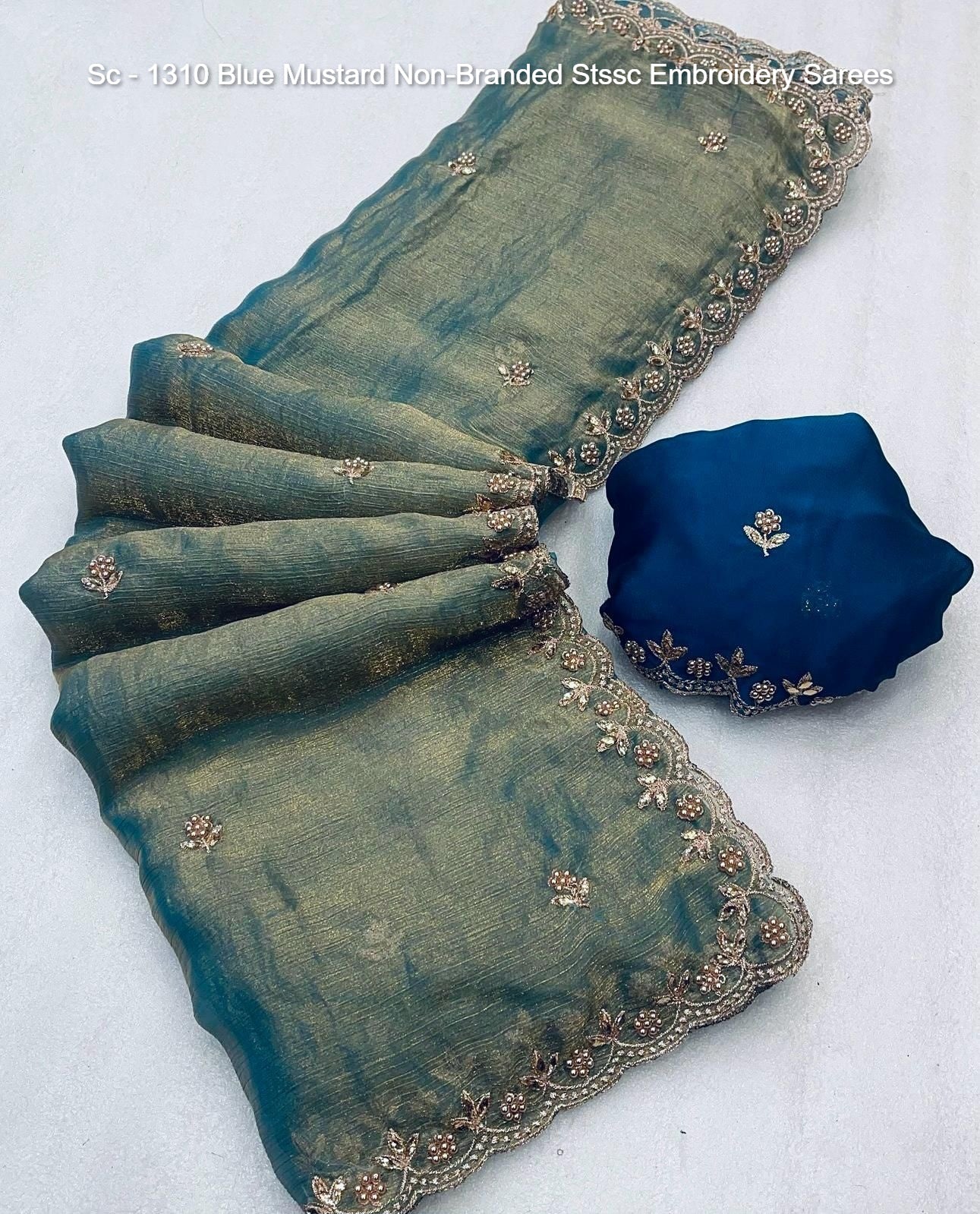 Sc - 1310 Blue Mustard Non-Branded Stssc Embroidery Sarees