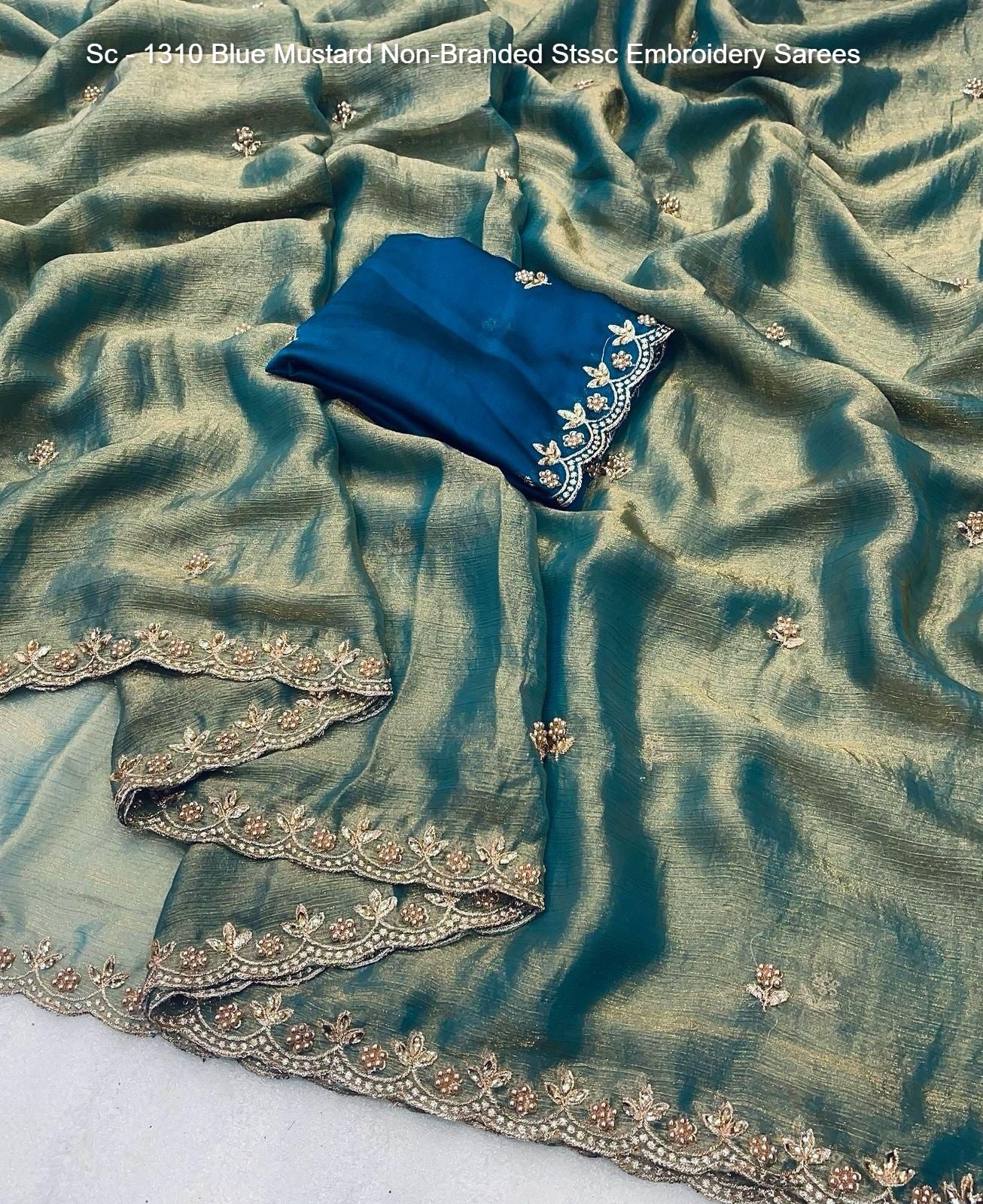 Sc - 1310 Blue Mustard Non-Branded Stssc Embroidery Sarees
