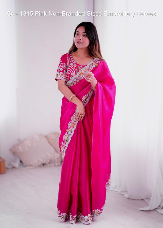 Sc - 1315 Pink Non-Branded Stssc Embroidery Sarees