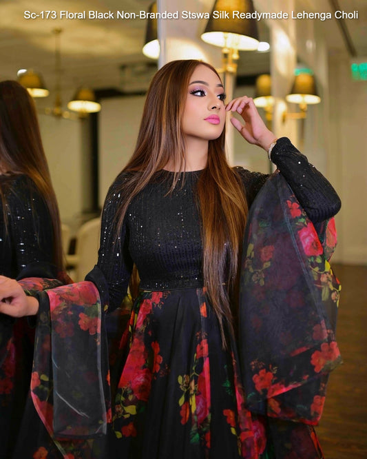 Sc-173 Floral Black Non-Branded Stswa Silk Readymade Lehenga Choli