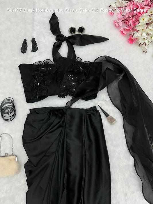 Sc-197 Black Non-Branded Stswa Satin Silk Ready To Wear Saree