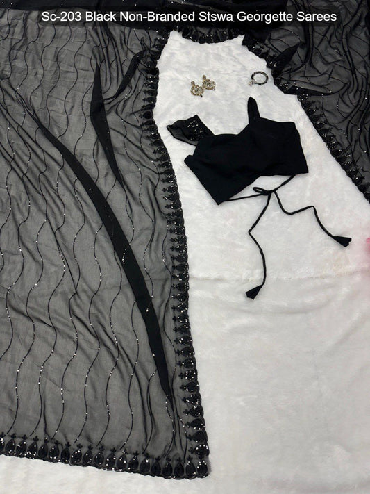 Sc-203 Black Non-Branded Stswa Georgette Sarees