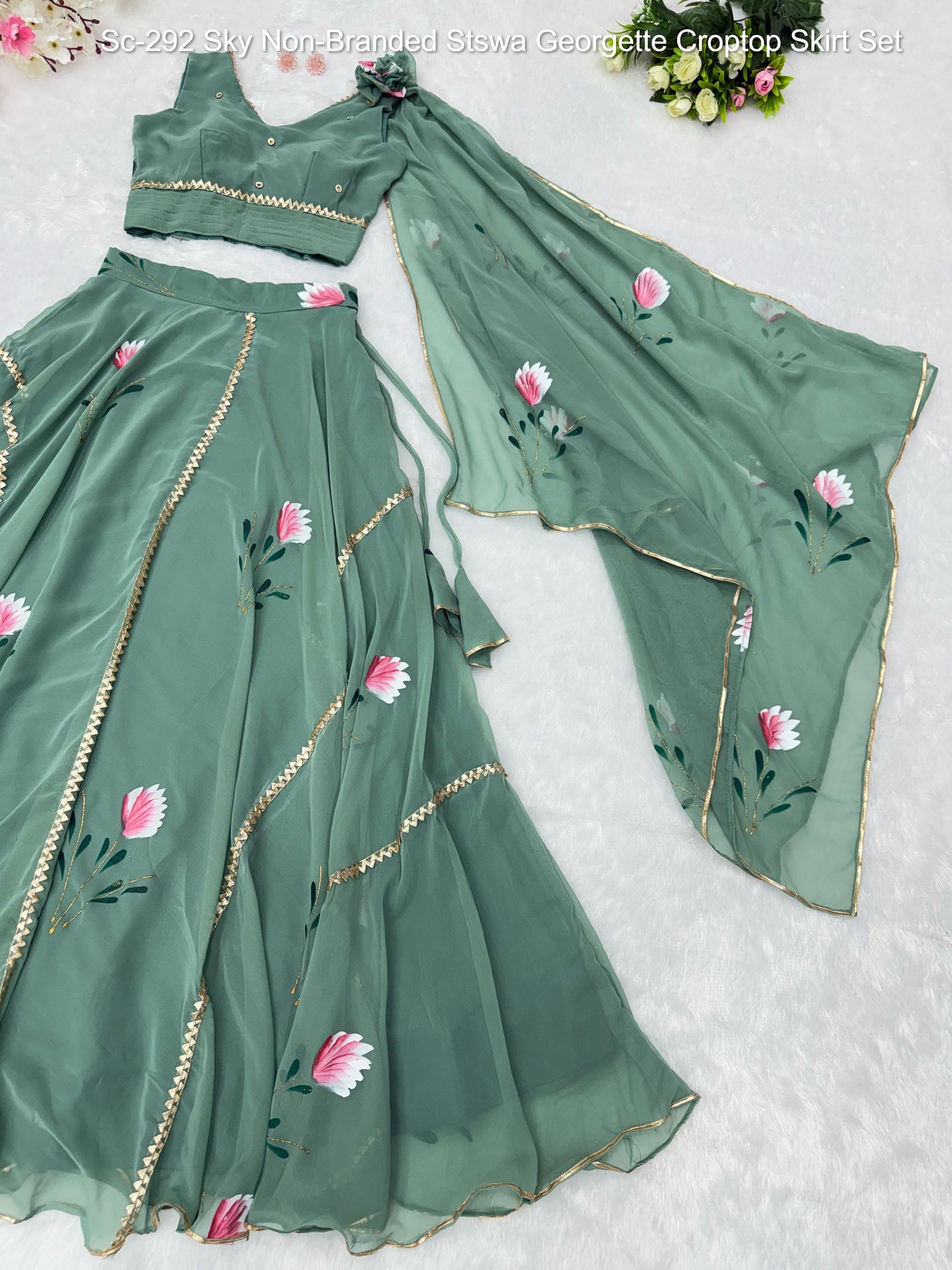 Sc-292 Sky Non-Branded Stswa Georgette Croptop Skirt Set
