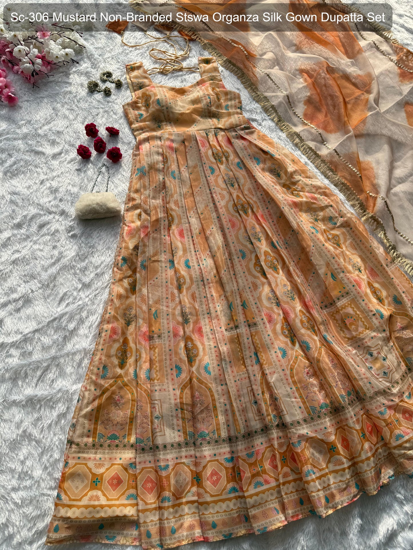 Sc-306 Mustard Non-Branded Stswa Organza Silk Gown Dupatta Set