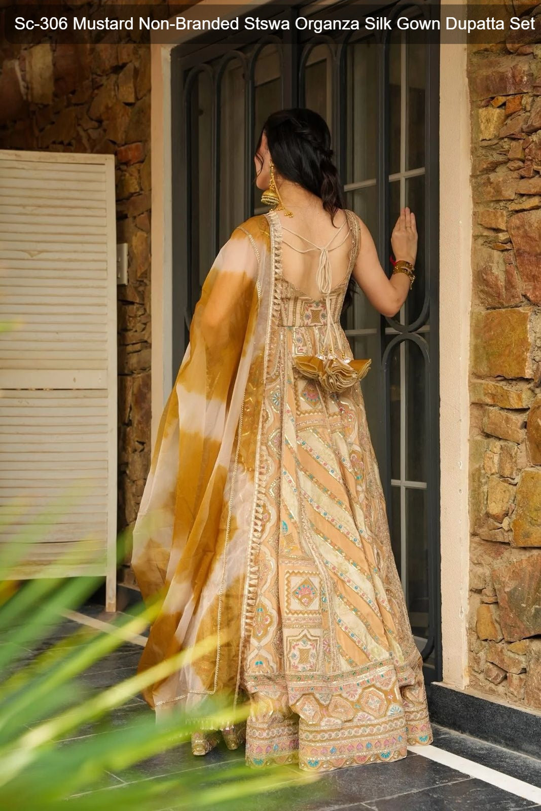 Sc-306 Mustard Non-Branded Stswa Organza Silk Gown Dupatta Set