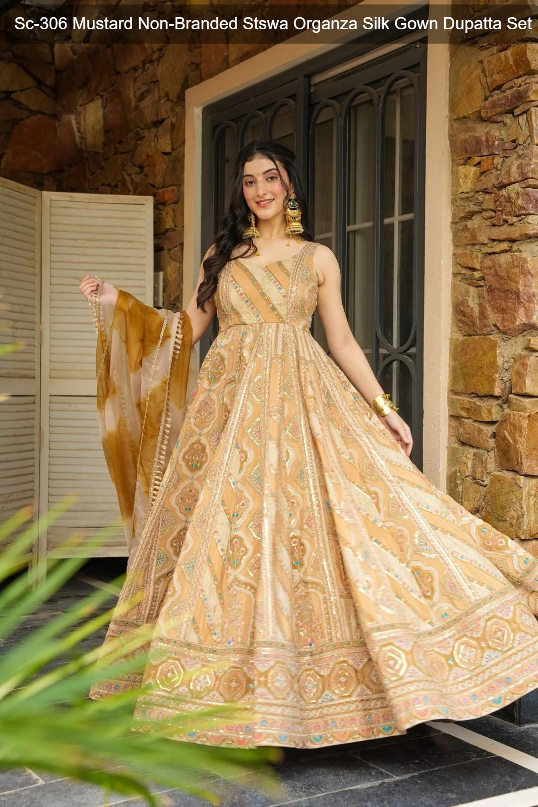Sc-306 Mustard Non-Branded Stswa Organza Silk Gown Dupatta Set
