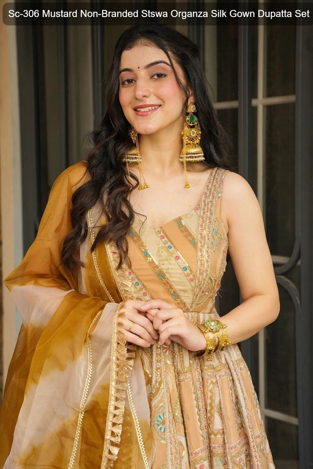 Sc-306 Mustard Non-Branded Stswa Organza Silk Gown Dupatta Set